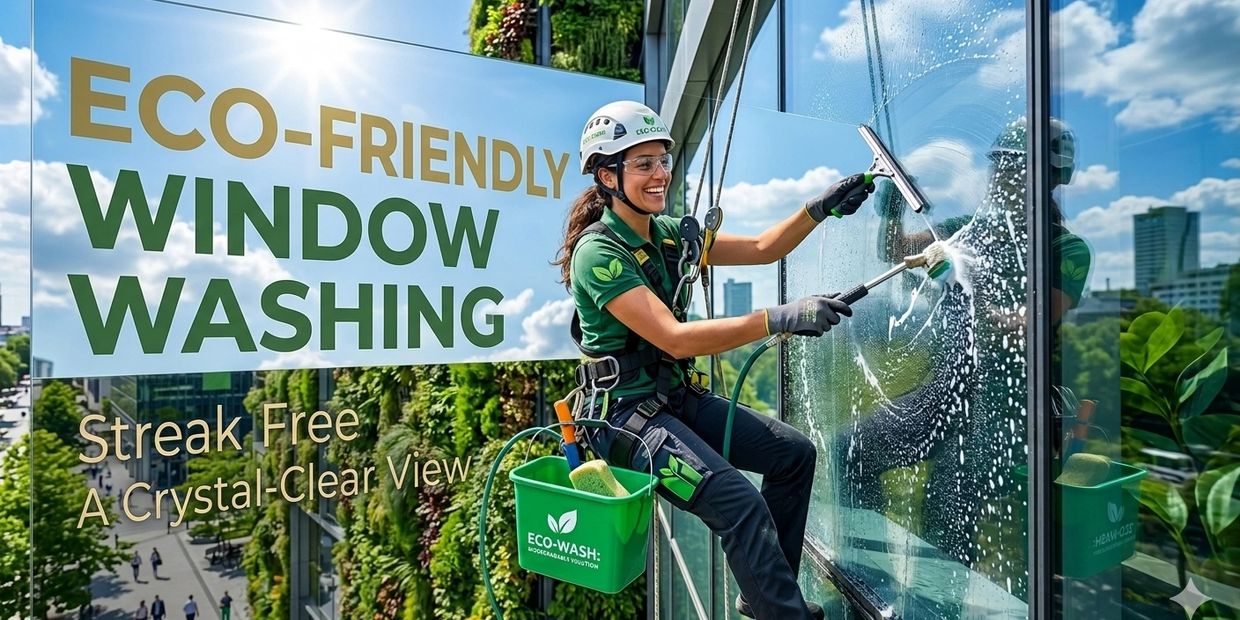 Eco-friendly window washing by a professional with safety gear and tools.