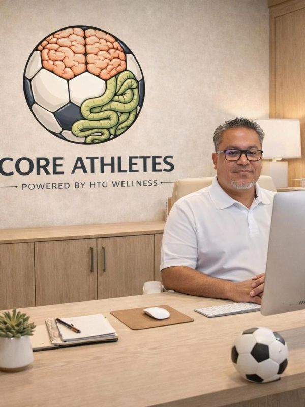 Hombre sentado en una oficina con logo de Core Athletes en la pared.