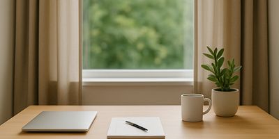 Minimalist workspace with a laptop, notebook, pen, coffee mug, and a plant.