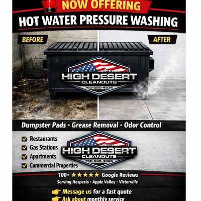 Professional hot water pressure washing in Hesperia, CA removing heavy grease, oil stains, and odor 