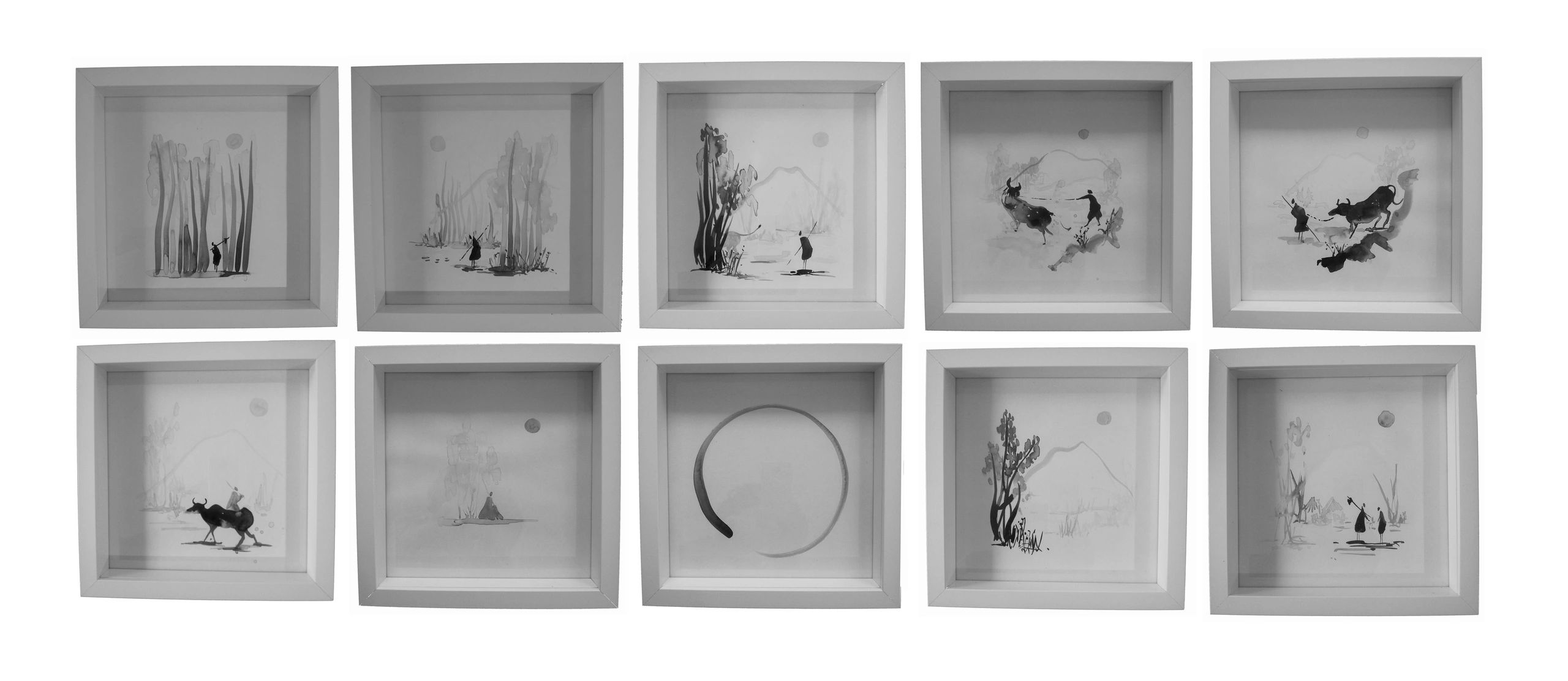 Ten framed monochrome ink artworks with various scenes and abstract designs.