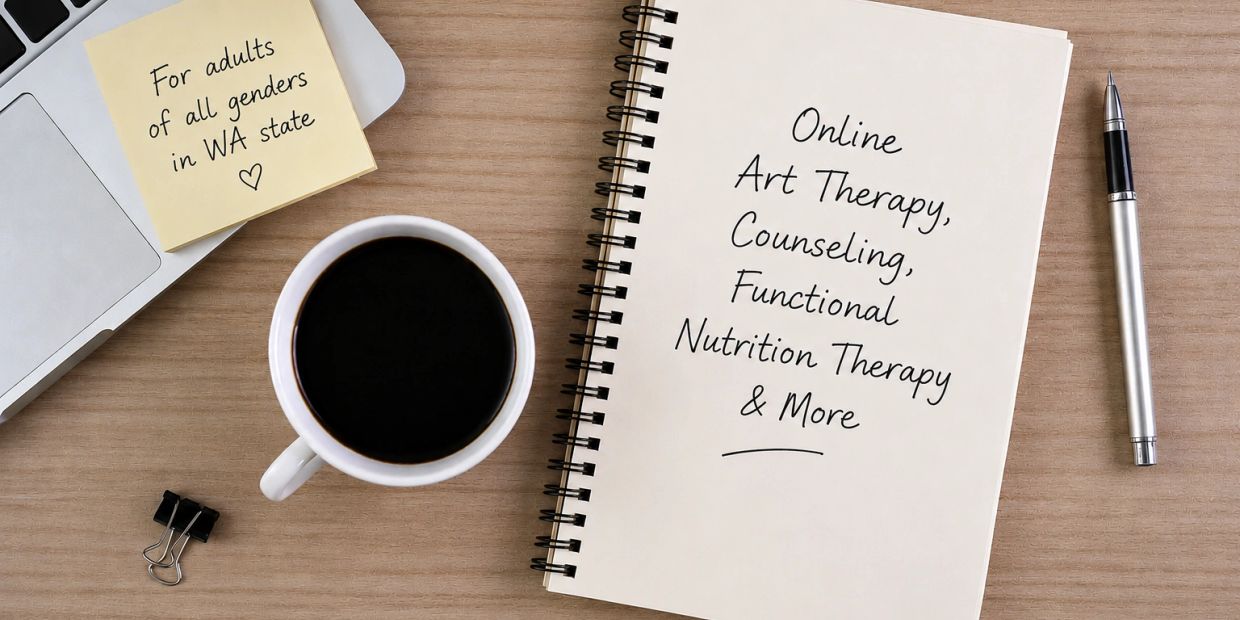 Notebook listing online therapy and counseling services beside a cup of coffee and laptop.