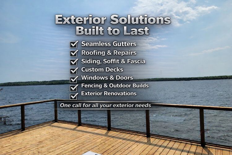 Exterior solutions including gutters, roofing, siding, decks, windows, fencing, and renovations listed over a lake deck background.
