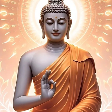 Serene Buddha statue with radiant halo and orange robe.