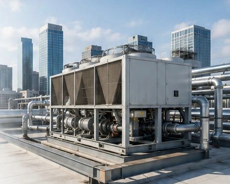 Large industrial HVAC unit on a rooftop with city skyline in the background.