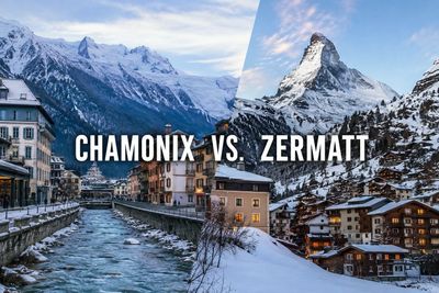Scenic winter views comparing Chamonix and Zermatt mountain towns.