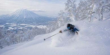 Skier carving through deep snow with a mountain backdrop.
