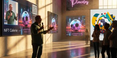 Presentación sobre NFT de fútbol en una galería.