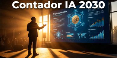 Presentador frente a pantalla tecnológica sobre criptomonedas.