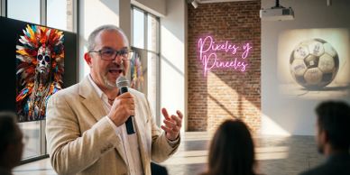 Hombre hablando en un evento de arte contemporáneo.