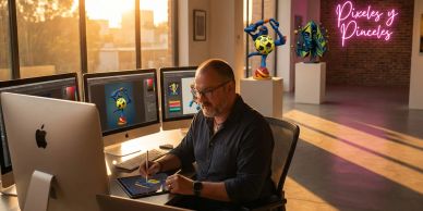 Hombre trabajando en diseño digital en una oficina moderna al atardecer.
