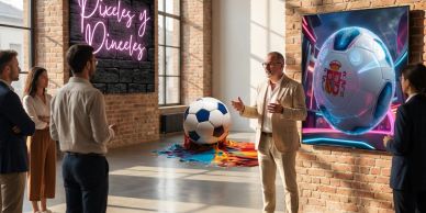 Presentación de producto con balón de fútbol.