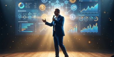 Persona presentando gráficos de criptomonedas en un escenario.