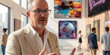 Hombre habla en una galería con arte deportivo en la pared.