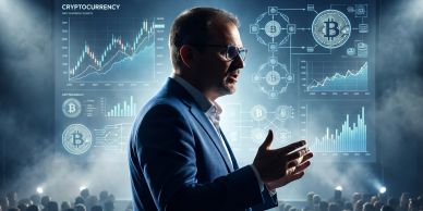 Hombre hablando sobre criptomonedas con gráficos digitales.