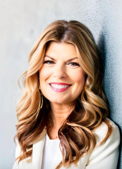 Smiling woman with wavy blonde hair leaning against a textured wall.