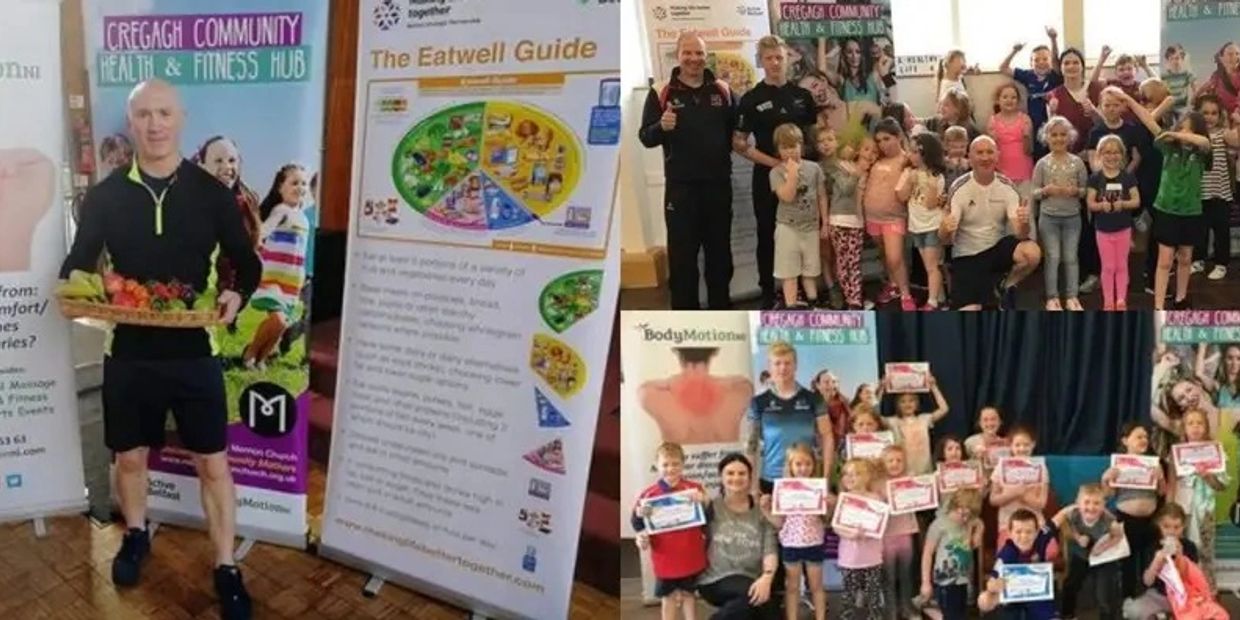 Community health and fitness event with adults and children promoting wellness.