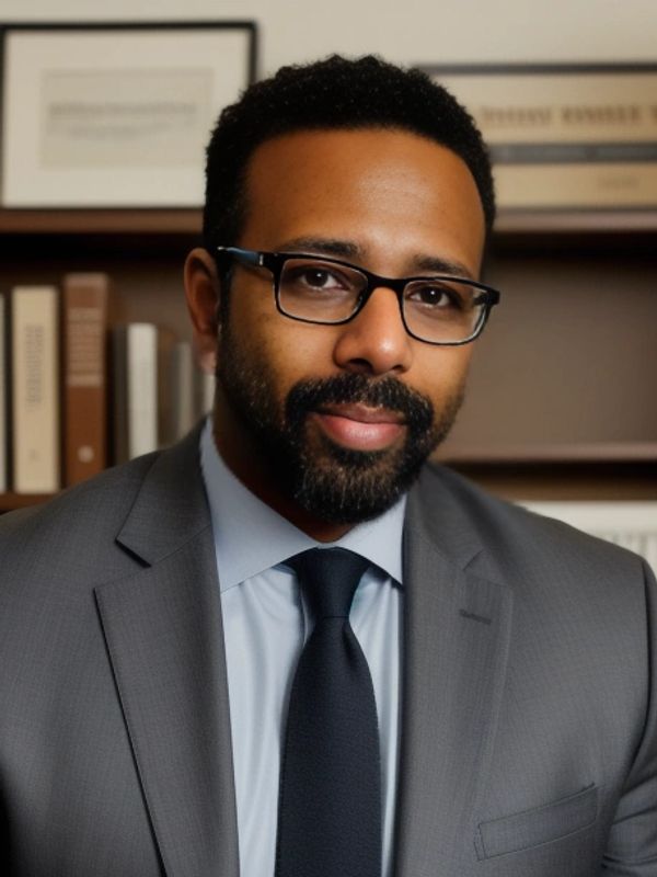 Professional man in suit and glasses posing in an office.