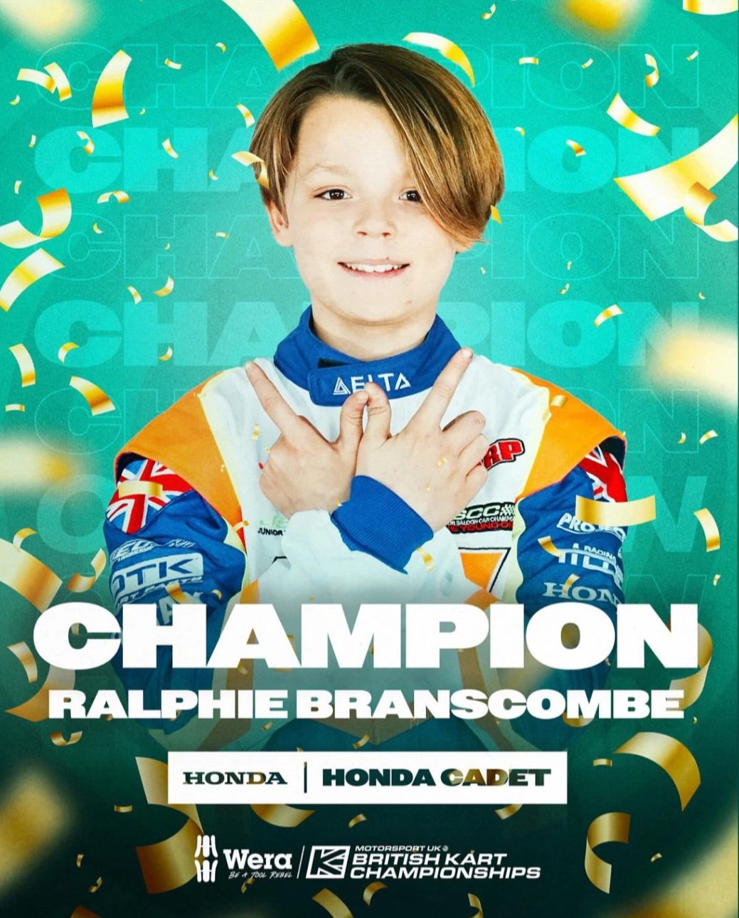 Young kart racing champion Ralphie Branscombe celebrates victory.