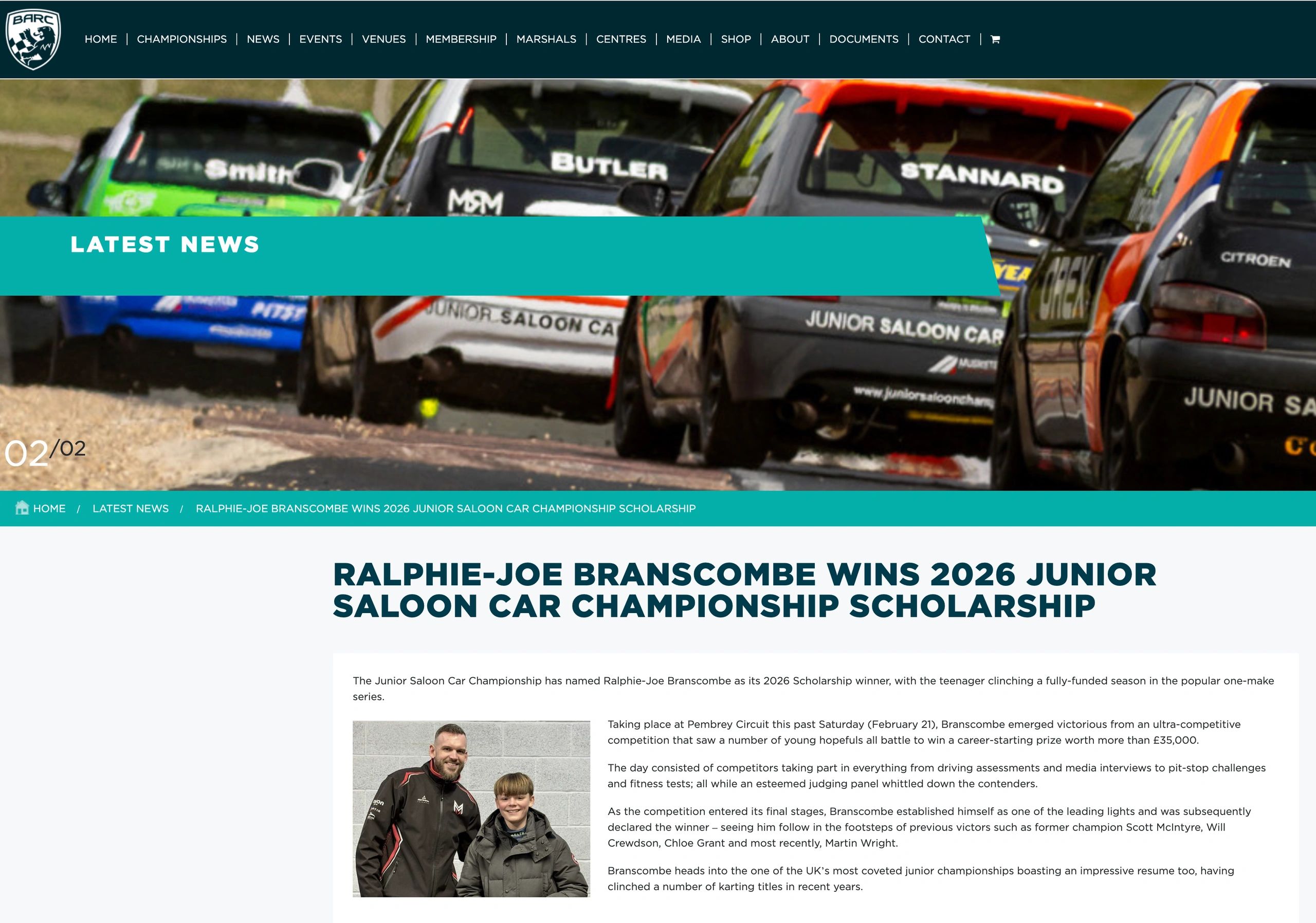 Junior Saloon Car Championship winner Ralphie-Joe Branscombe announced.