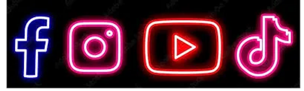 Neon icons of popular social media platforms on a black background.