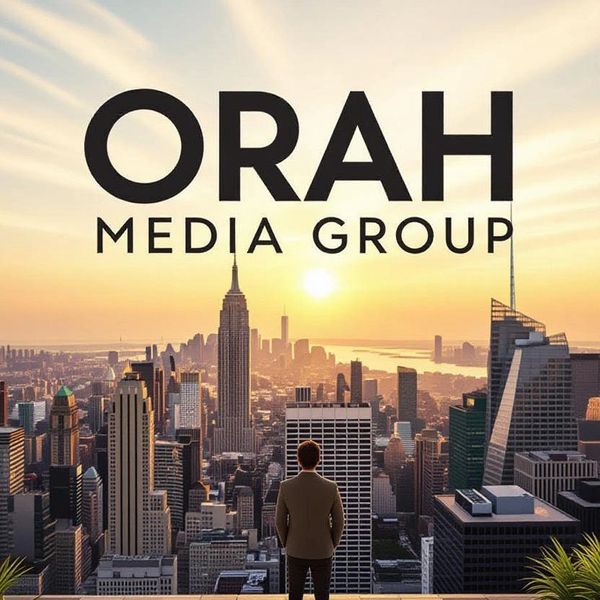 Person overlooking city skyline at sunset with ORAH Media Group logo.