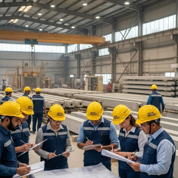 Engineers wearing yellow helmets reviewing plans in a factory.