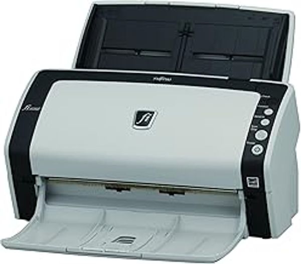 A compact Fujitsu scanner with open trays for document feeding and output.