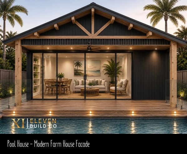 Modern pool house with floor-to-ceiling glass and wooden accents.