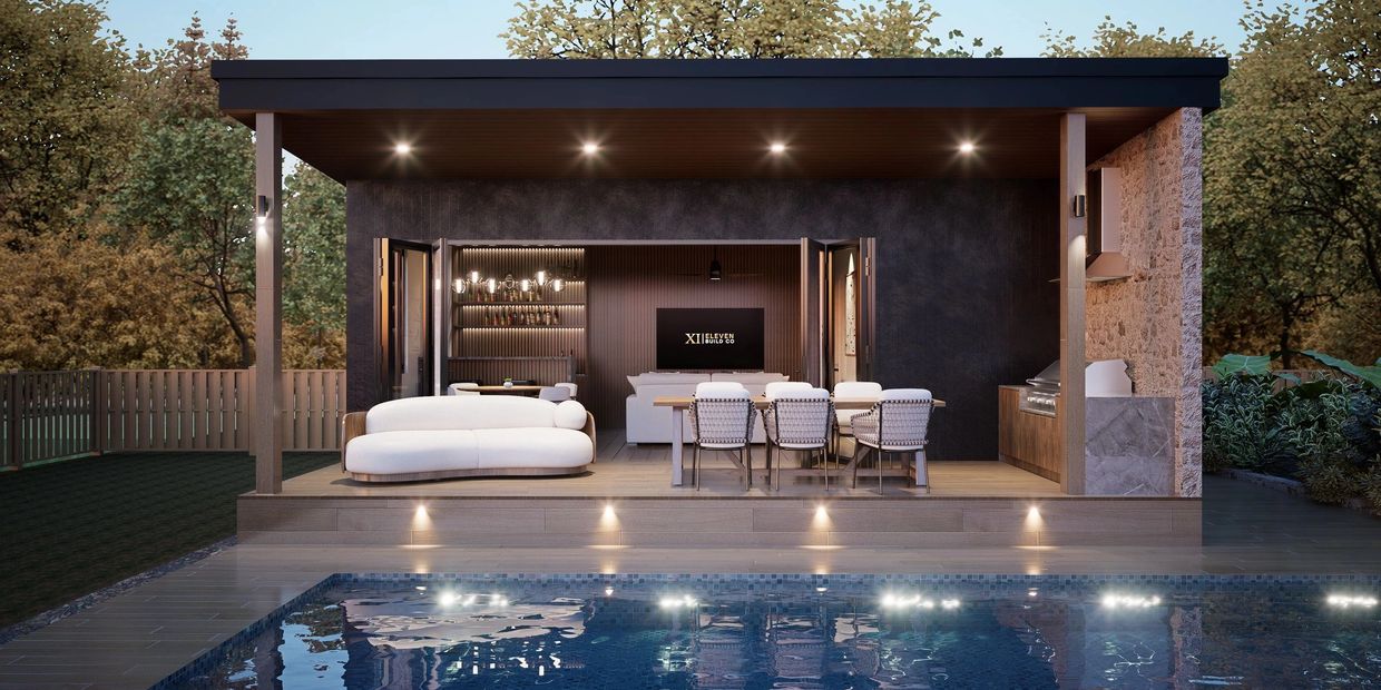 Modern poolside lounge with cozy seating and dining area.