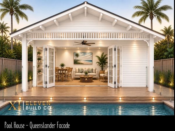 Modern pool house with Queenslander facade and open doors.