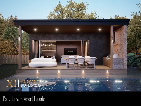 Modern pool house with outdoor seating and pool.