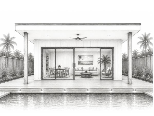 Modern pool house with sliding glass doors and seating area.