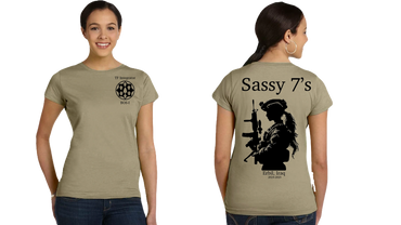 Front and back view of a khaki t-shirt with military-themed graphics and text.
