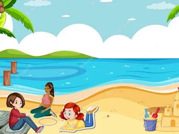 Three children playing and relaxing on a sunny beach with a sandcastle and ocean view.