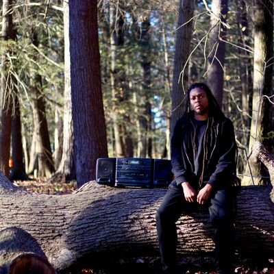 Man with dreadlocks sitting on a fallen tree in the forest with a stereo beside him.