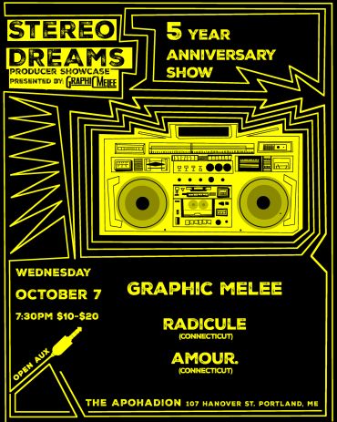 Poster for Stereo Dreams 5 Year Anniversary Show with boombox graphic.