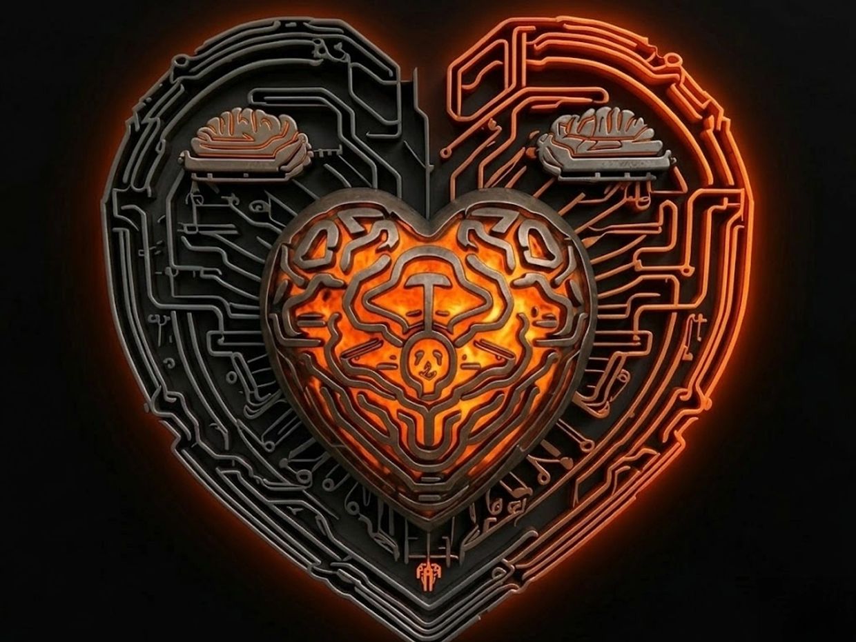 A glowing, circuit-like heart with intricate patterns in black and orange tones.