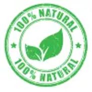 Green circular stamp with '100% Natural' and leaf icon.