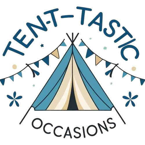 Logo featuring a blue and beige tent with festive bunting and text 'TENT-TASTIC OCCASIONS'.