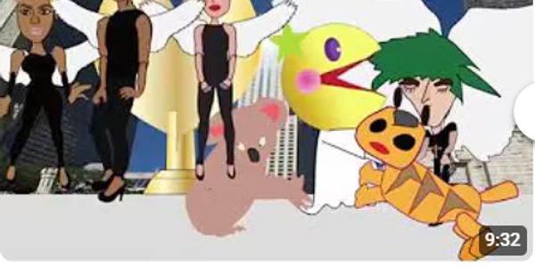 Animated characters including angels, Pac-Man, and a cat.