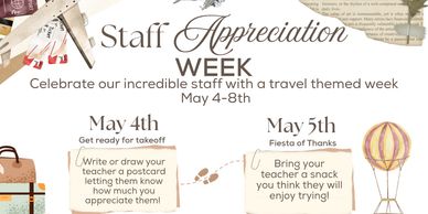Poster for Staff Appreciation Week with travel-themed daily activities from May 4-8.