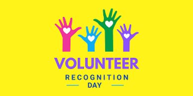 Colorful hands with hearts celebrating Volunteer Recognition Day on yellow background.
