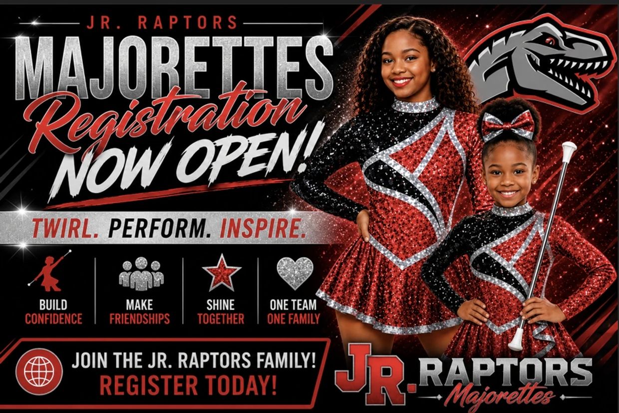 Jr. Raptors Majorettes registration now open with confident girls in sparkling red outfits.