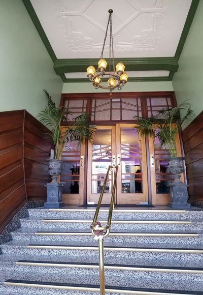 Entrance to Art Deco Masonic Hotel in Napier, New Zealand