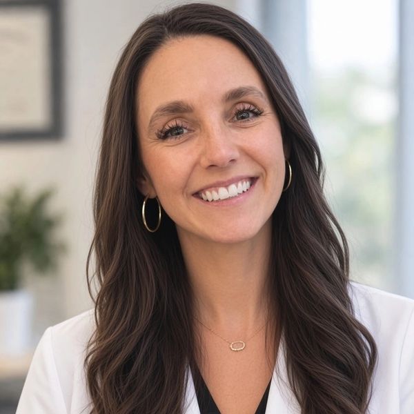 Smiling woman with long dark hair wearing a white coat.