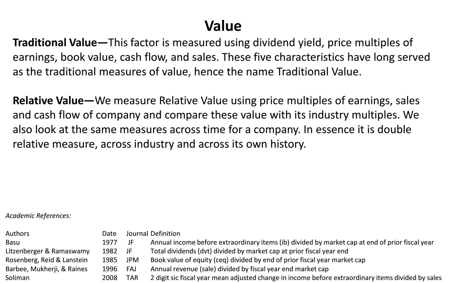  earnings, book value, sales, cash flow, industry multiples, across time, academic research