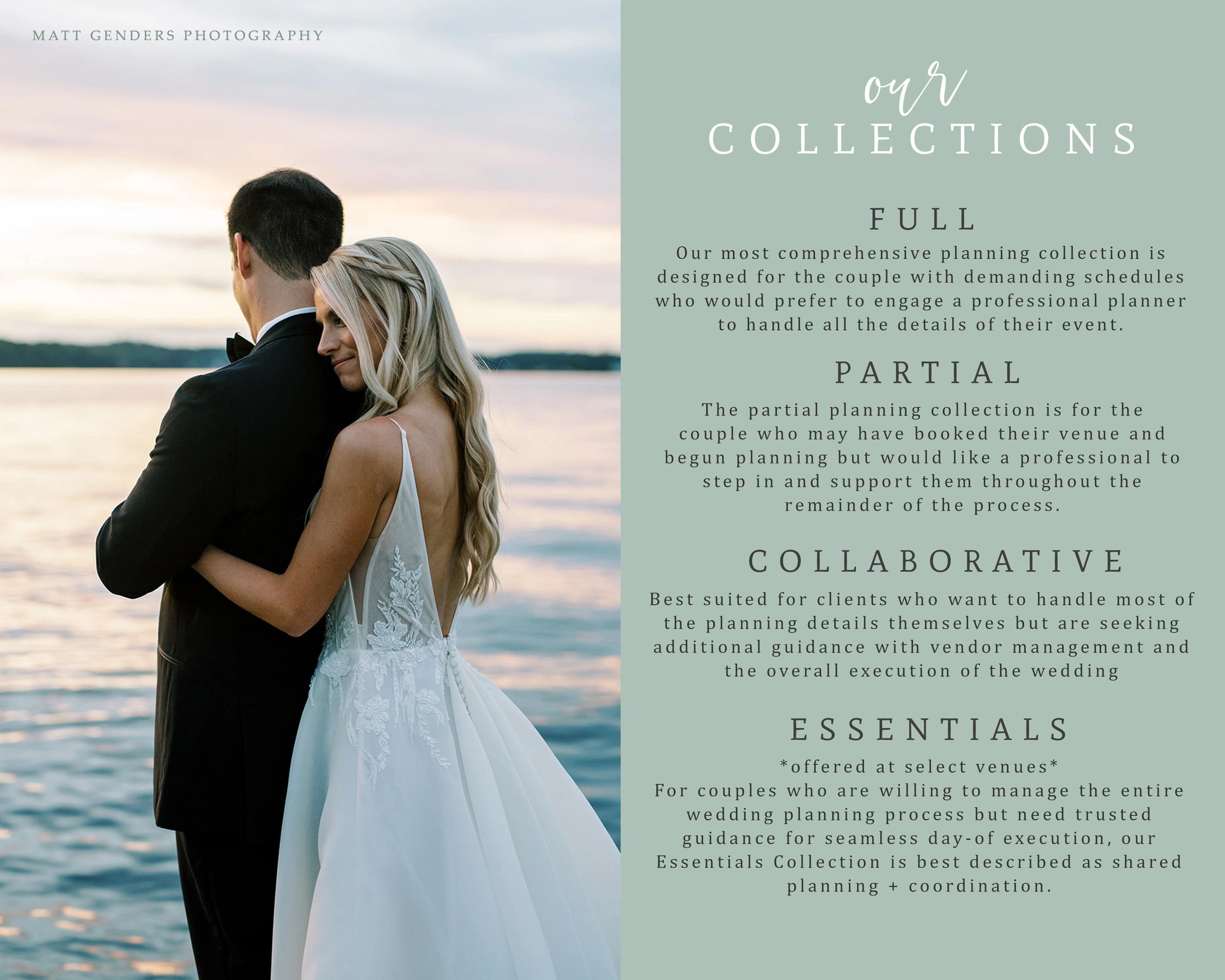 Bride and groom embracing near water at sunset with wedding planning options text.