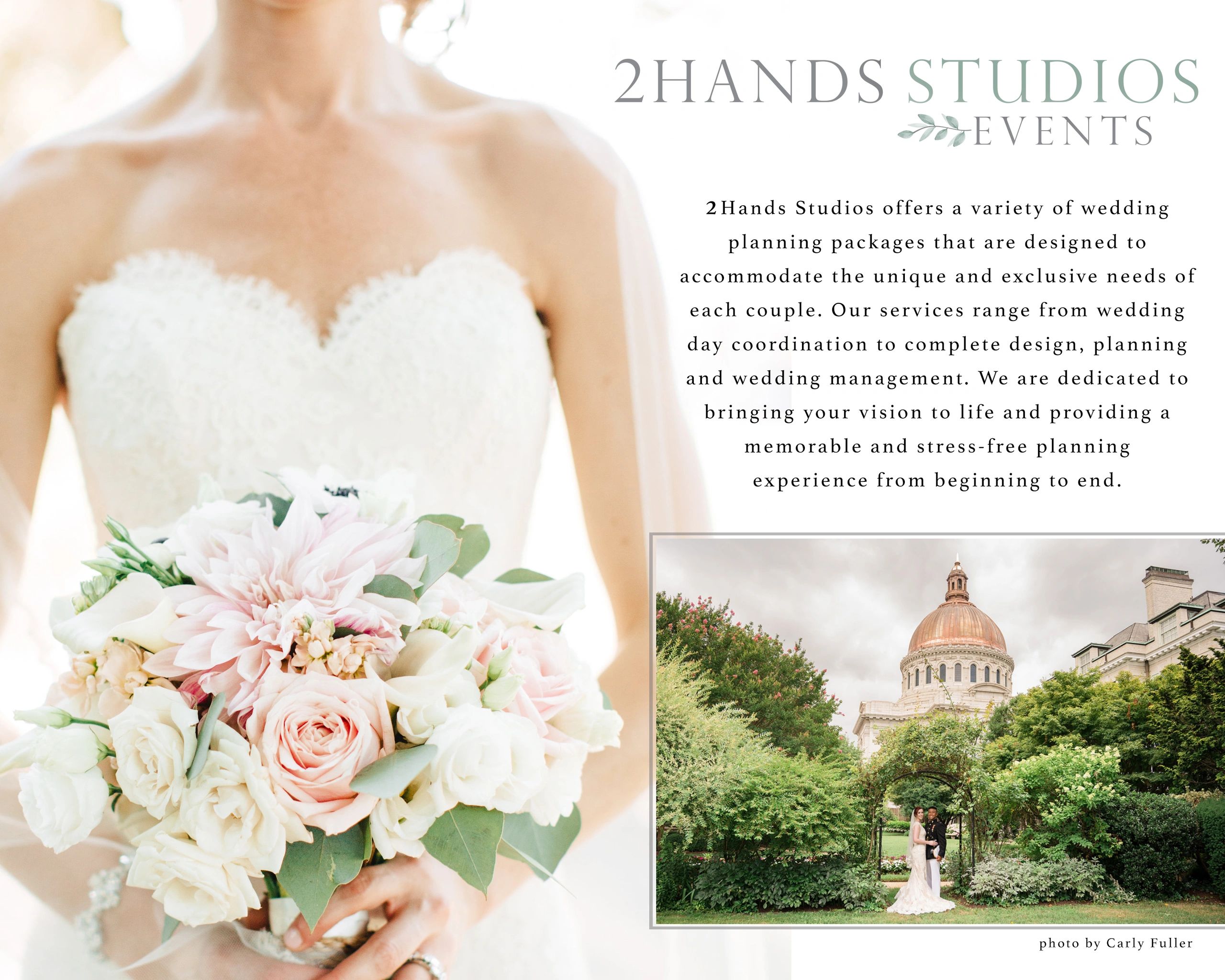 Bride holding a floral bouquet with wedding services text.