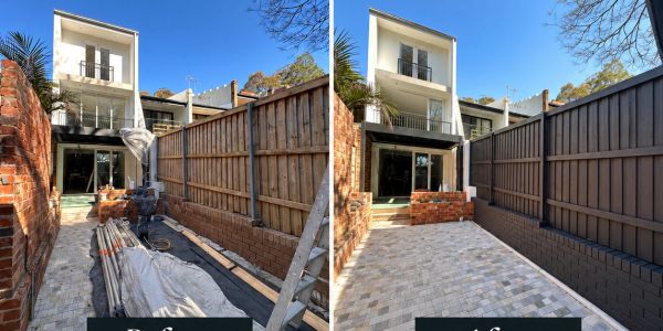 Before and after of a backyard renovation with new fencing and paving.